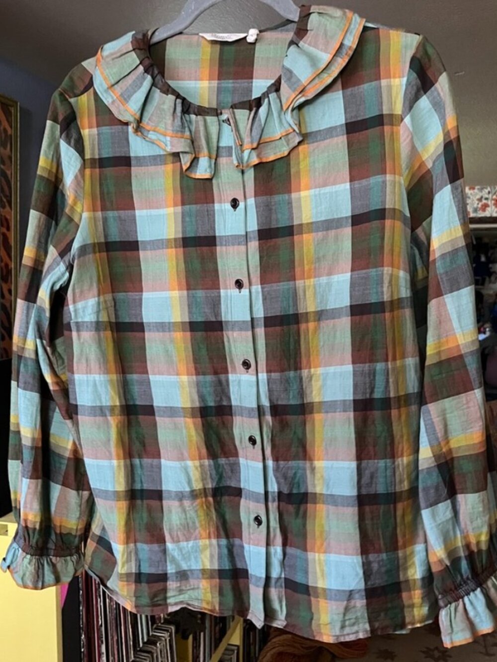 Toast Ruffle Collar Plaid Button Down UK 14 US 10 GUC Cotton